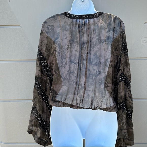 Free People Cropped sheer embellished beaded bell sleeves dye blouson top sz XS - Picture 11 of 15